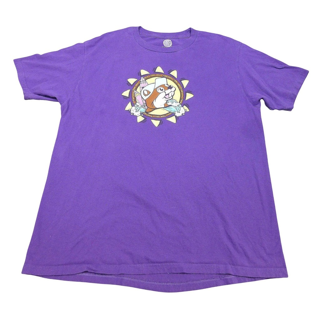 Buc-ee's Purple Graphic T-Shirt Mens Large Surfing Beaver Tropical Surf Tee